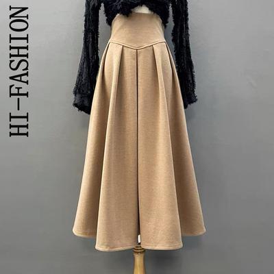HI-FASHION Woolen Long Skirt For Women Female Elegant A-Line Midi Skirt Autumn Winter High Wiast Pleated Skirts