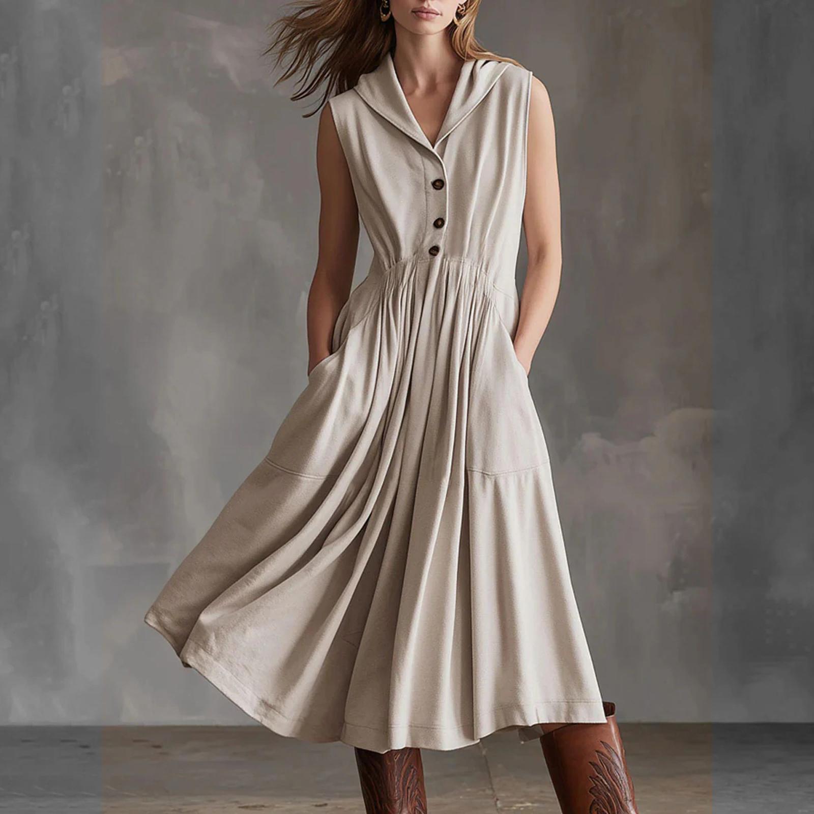 Ladies  Casual Big Collar  Slimming Sleeveless Dress L бежевый