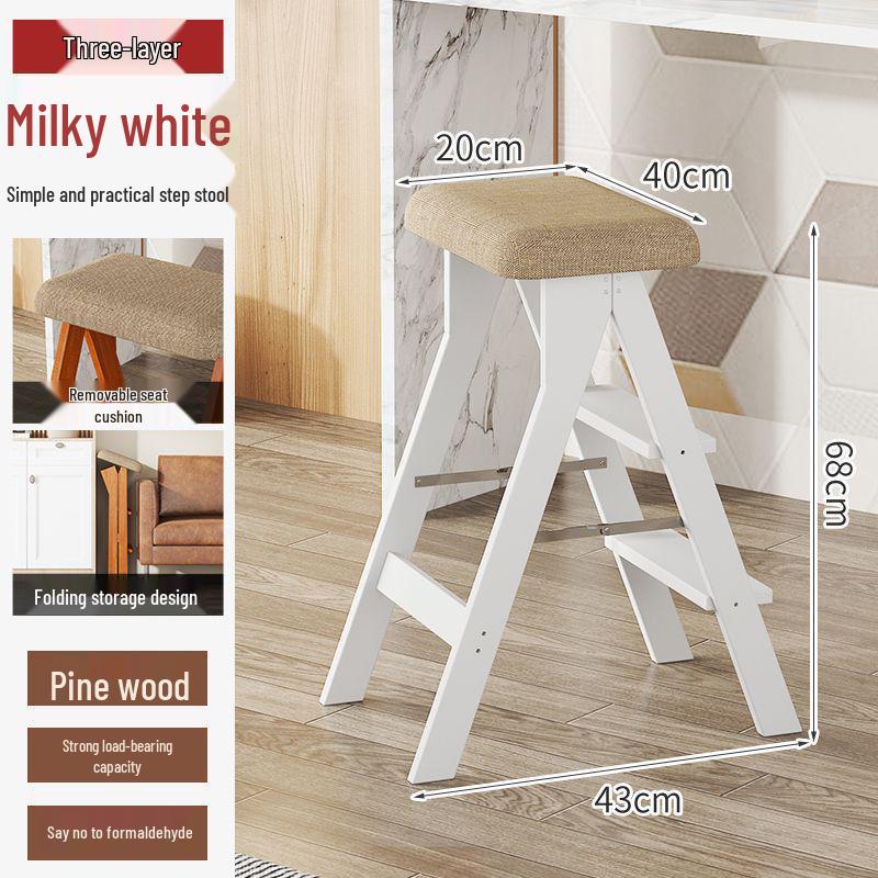 Three-Step Solid Wood Folding Ladder Stool: Multifunctional for Kitchen and Bar Use