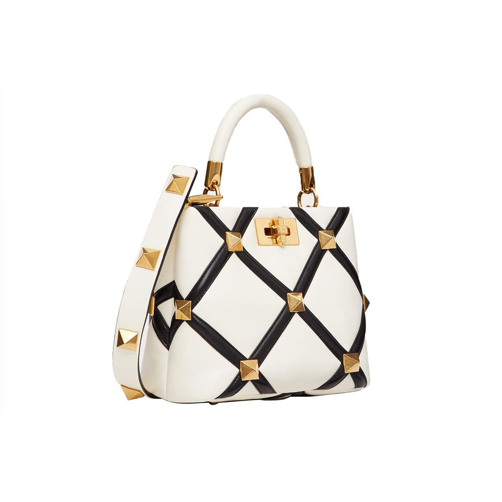 Valentino Roman Stud Series Diamond Pattern Soft Lambskin Removable Adjustable Chain Shoulder Strap Crossbody Shoulder Tote Bag Small WW0B0I97ZDFA81