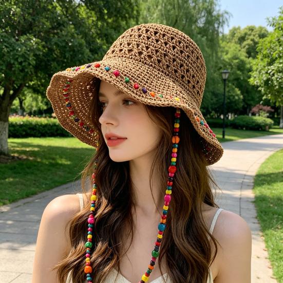 Straw Hand-Woven Wide Brim Straw Fabric Hat High-Density Fisherman Hat with Adjustable