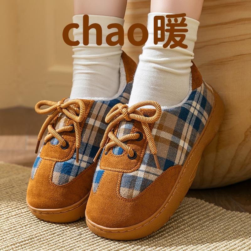 

Осенне-зимняя мода клетчатый бант хлопковые туфли нескользящие теплые мягкие подошвы повседневные спортивные кеды 40-41 коричневый