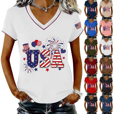 Camiseta de punto informal para mujer con cuello en V, manga corta, estampado de letras USA y patrón, corte holgado