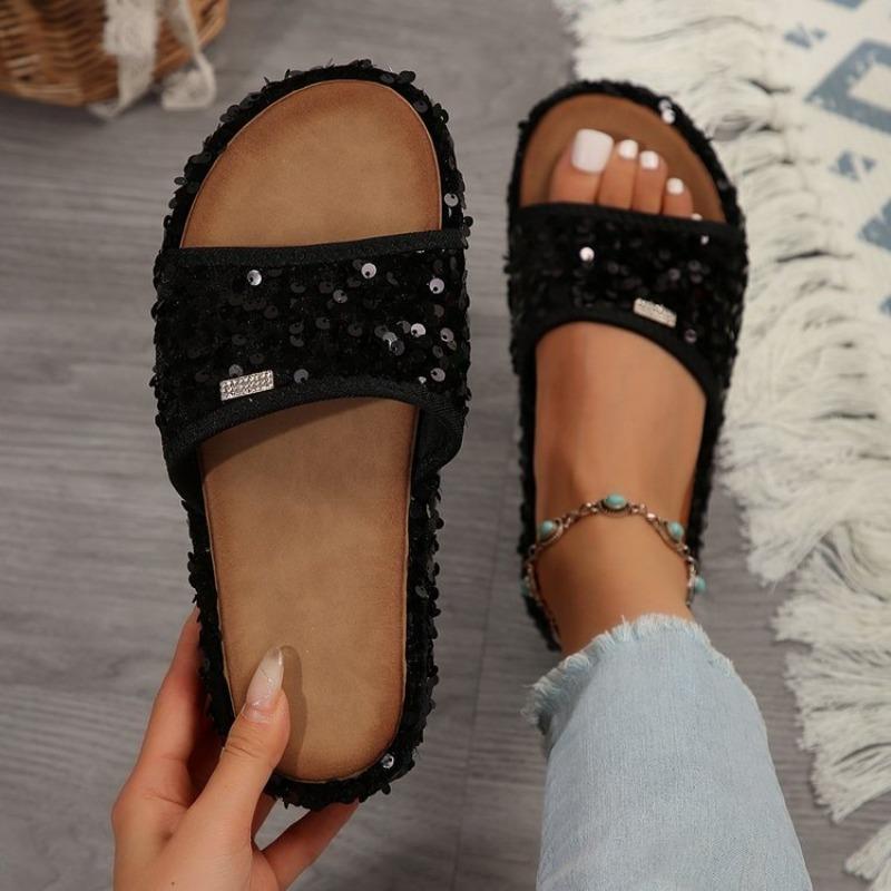 Large Size Sequined Flat-bottomed Slippers Women's Summer Thick-soled Heightening Sandals Women