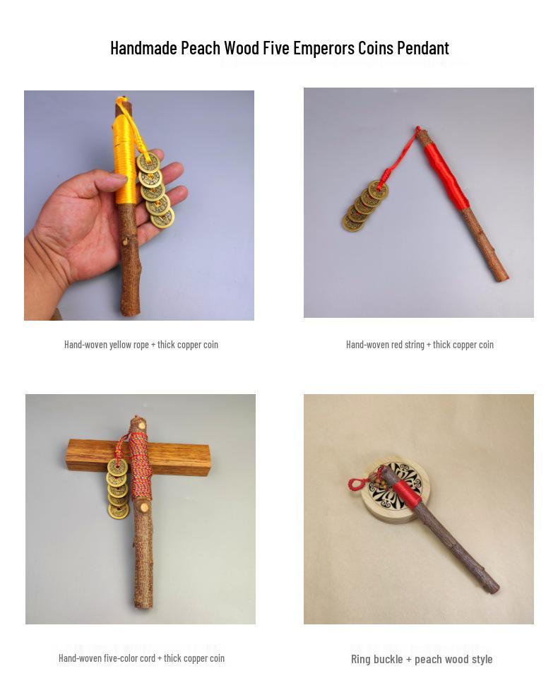 Handmade Peach Wood Pendant with Five Emperors Coins for Baby's Bedside