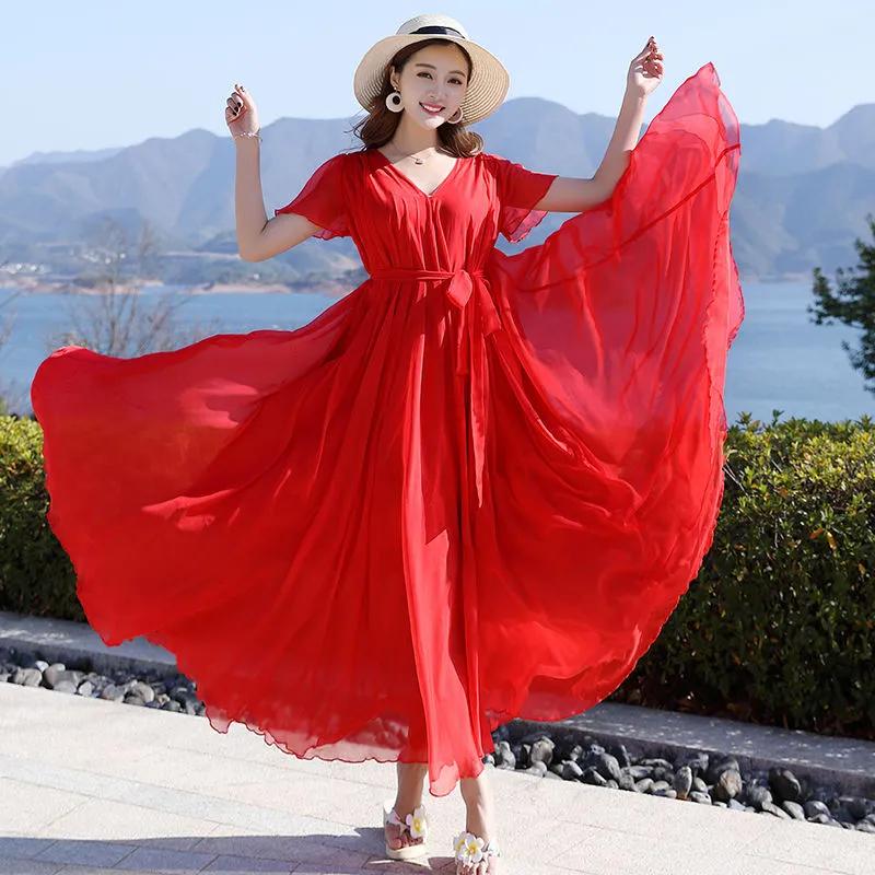 Tide Summer Elegant Solid O-neck Short Sleeve Folds Vestido Women Casual Lace-up Pleated Chiffon Dress