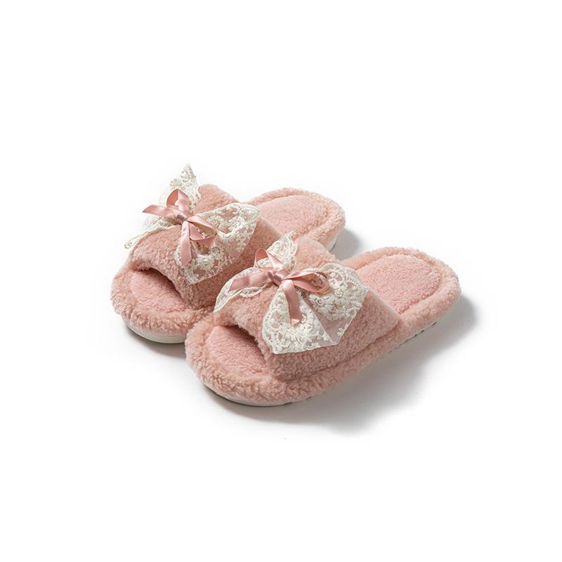 

Кружевной бант хлопковые тапочки внутри менее пушистые тапочки домашние плюшевые тапочки 40-41 розовый