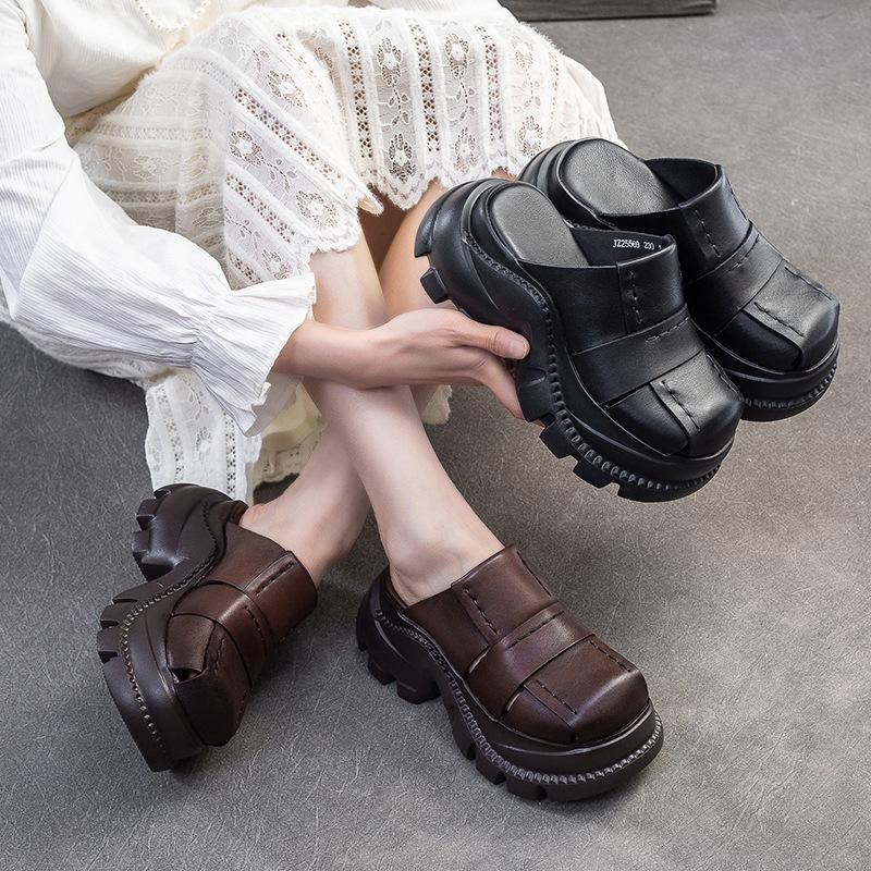 Moda 7cm Mocassini in Vera Pelle di Mucca Scarpe Basse di Gomma Sandali con Zeppa Piattaforma e Gancio Estive Comode e Accoglienti Pantofole Sagomate Scarpe