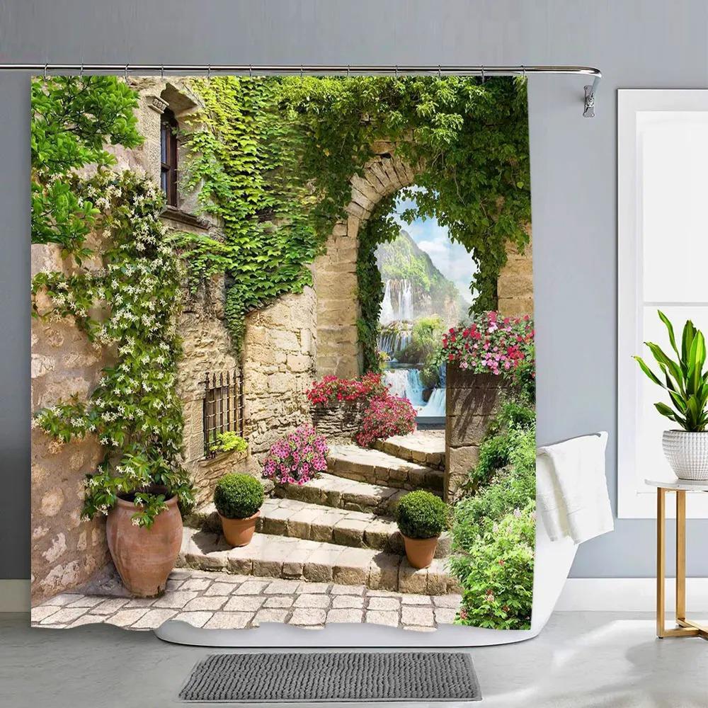 Old Door With Flowers In Verona Italy Shower Curtain Outdoor Street Garden Landscape Polyester Shower Curtains Bathroom Decor
