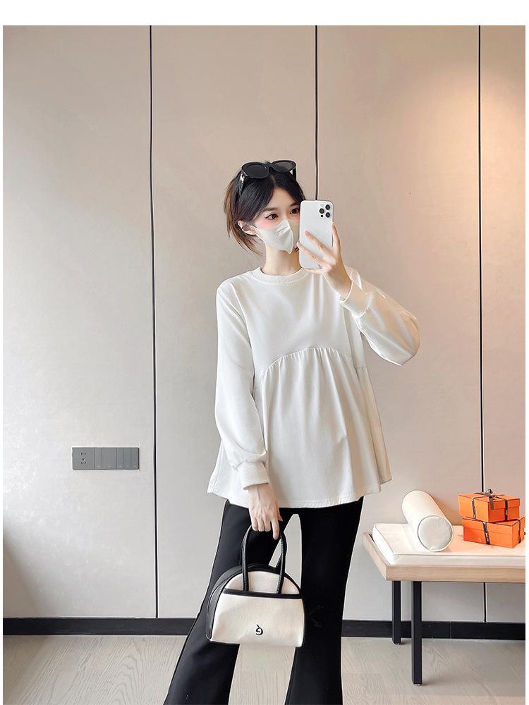 Korean Style Khaki Babydoll Maternity Sweatsuit with Micro Flared Pants for Spring/Autumn