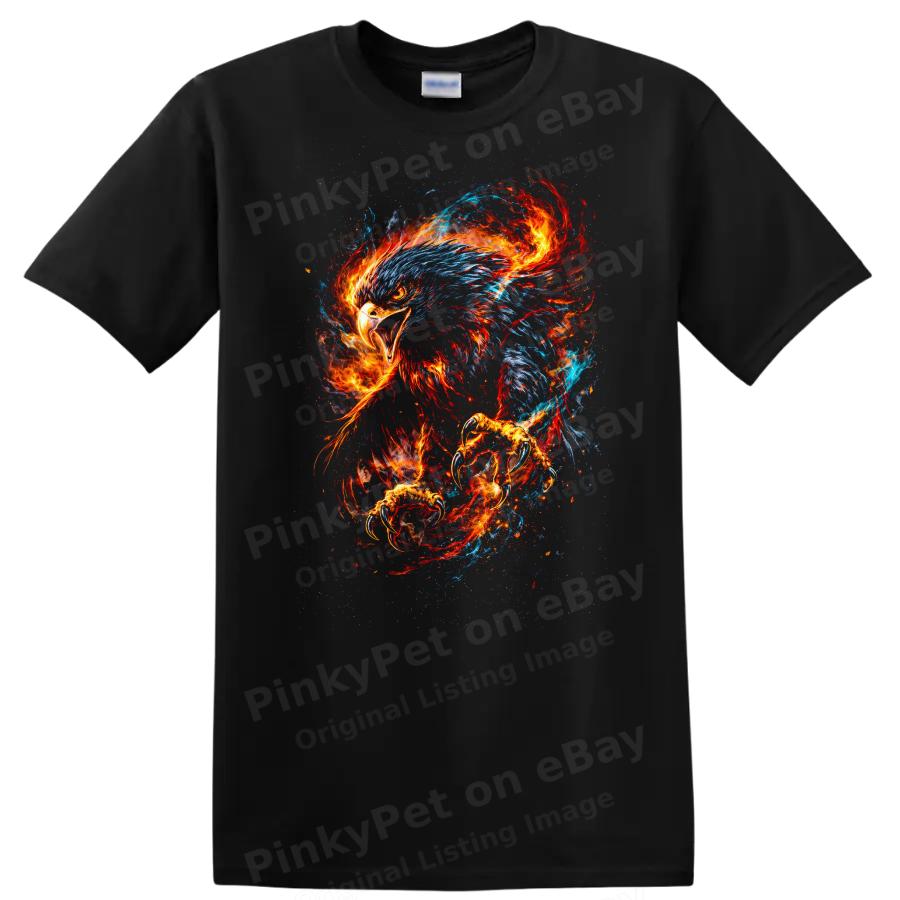 Fiery Eagle Graphic T Shirt Cool Animal Design Flames Colorful Tee