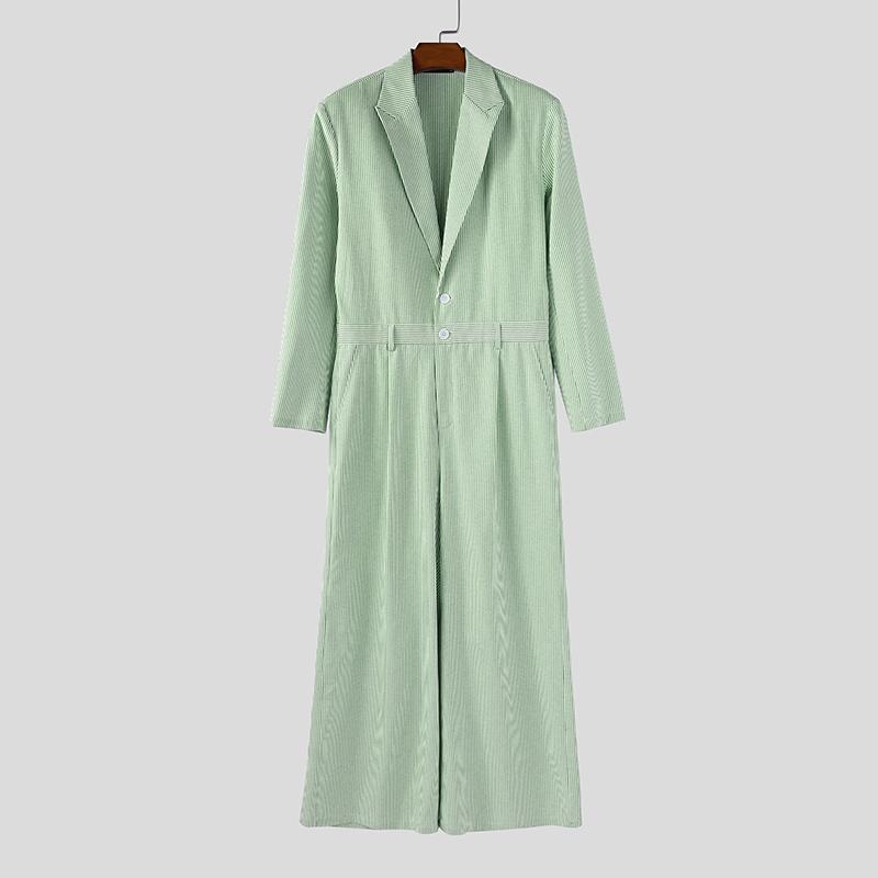 INCERUN Oversized Men Lapel Neck Long Sleeve Striped Loose Long Rompers Jumpsuits