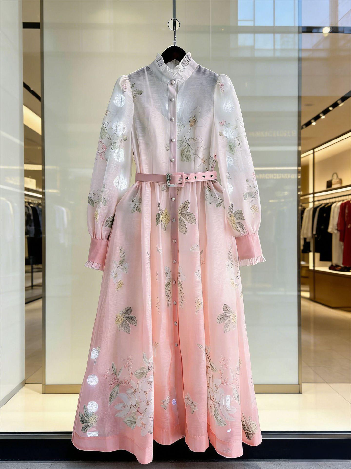 Australian Retro Print Lantern Sleeve Stand Collar Mid-Length Dress with Belt L розовый