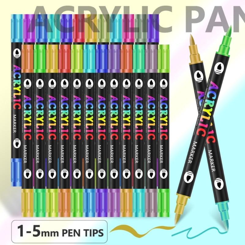 12Pieces Double Ended Acrylic Markers Acrylic Paint Pen with Brush Tip for Painting On Paper Wood Glass Ceramic Canvas