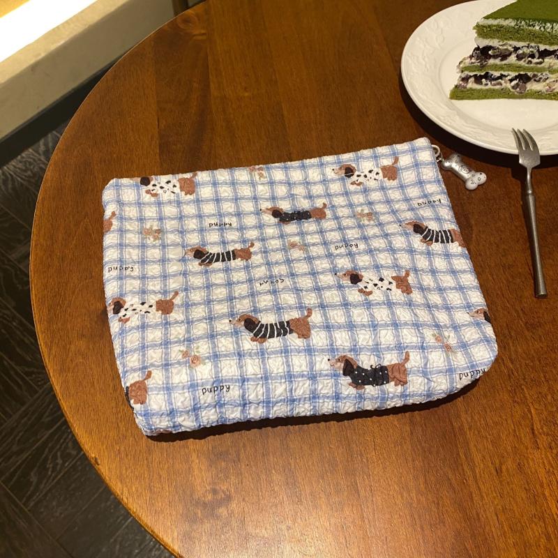 Cute Blue Grid Sausage Puppy Printed Cosmetic Bags Large Capacity Storage Travel Portable Toiletry Bags