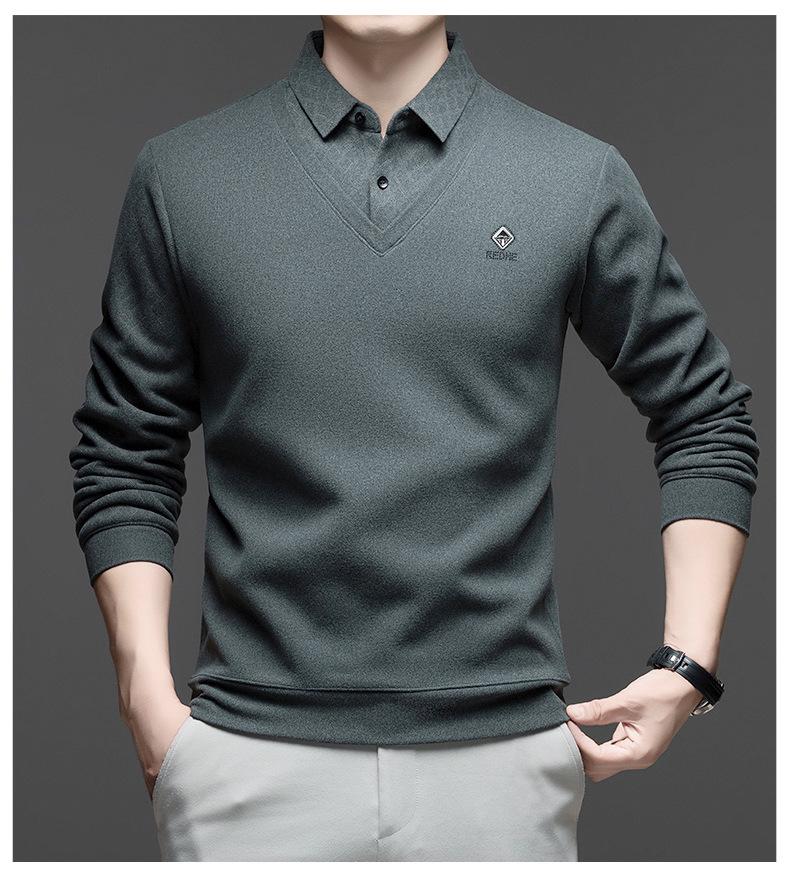 Men's Middle-Aged & Elderly Business Casual Faux Two-Piece Sweater - Warm, Velvet-Enhanced Knit Base Layer with Lapel
