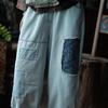 Luo Gu Ni Retro Gewaschene Denim Patchwork Blumenhose - Blau 2073