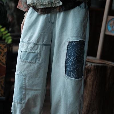 Luo Gu Ni Retro Washed Denim Patchwork Floral Pants - Blue 2073