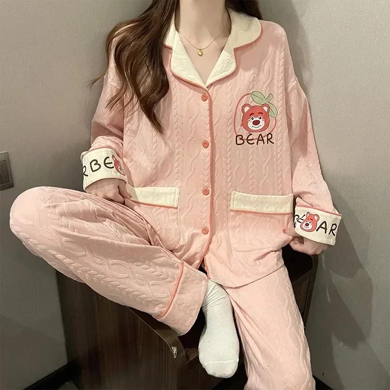 

Осенняя женская пижама из чистого хлопка с длинными рукавами и брюками Домашняя одежда Шелковая пижама Женская пижама со штанами Комплект 2XL розовый