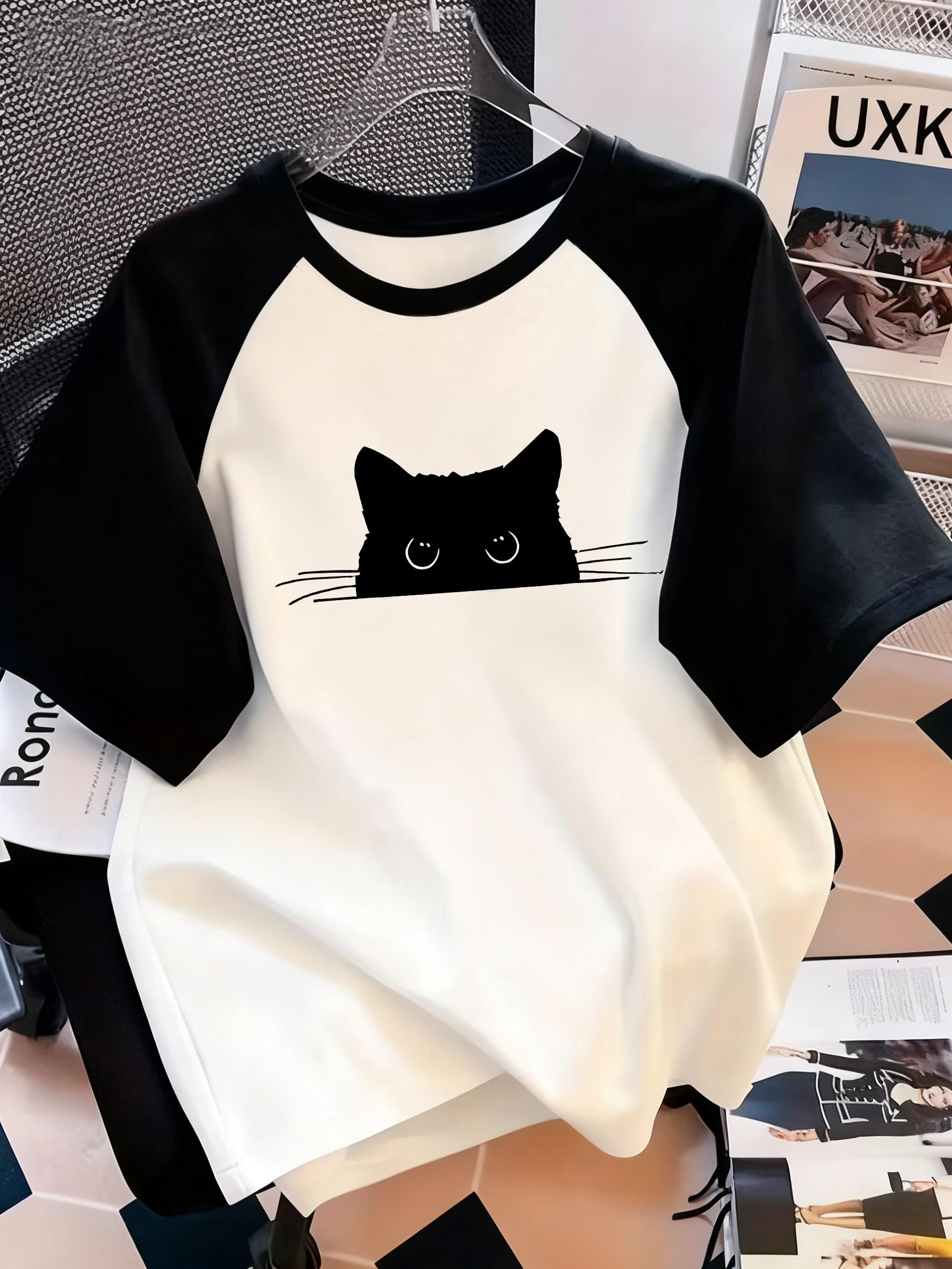 

Retro black cat letter printed round neck T-shirt casual short sleeved top for spring and summer women s wear 5XL