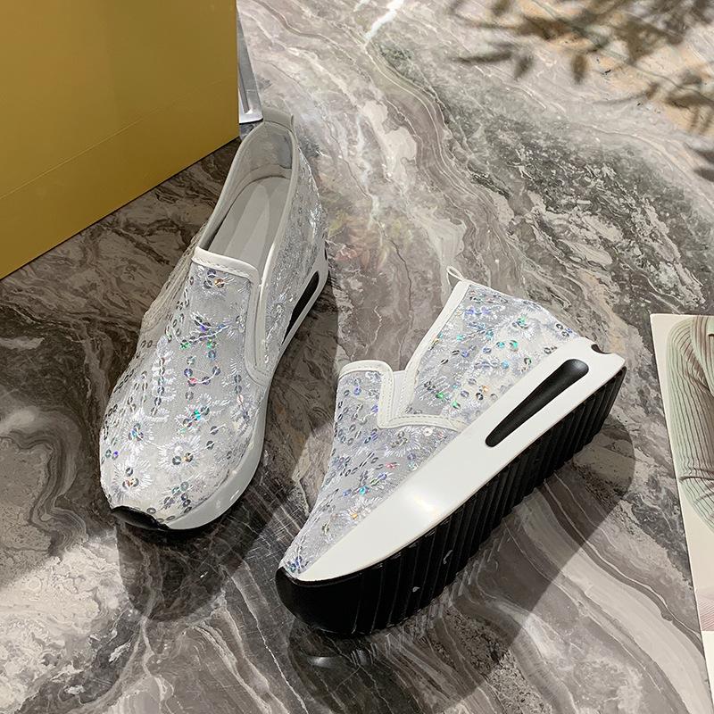 Mokasíny na klínovém podpatku Ženy Jarní a Letní Krajka Hollow Out Bílé boty Boty pro volný čas