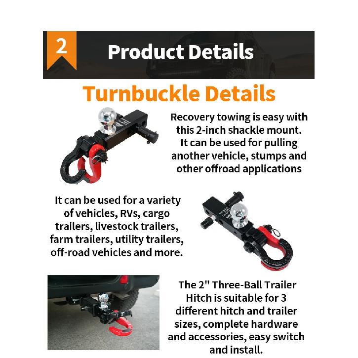 Off-Road 2" Receiver Extended Tow Hitch Arm Thickened Carbon Steel with 2" Trailer Ball, Shackle & Hitch Pin Lock