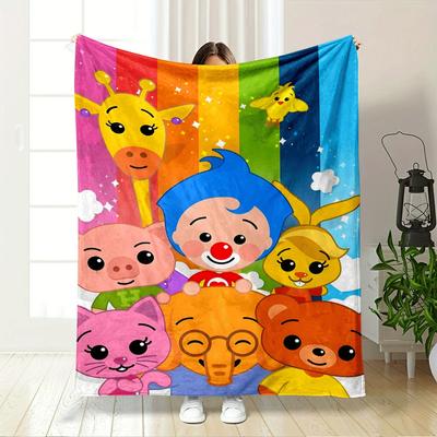 Colorful Rainbow Background with Cartoon Animals and Characters Smiling. for All Seasons Blanket Lunch Break Throw Gift