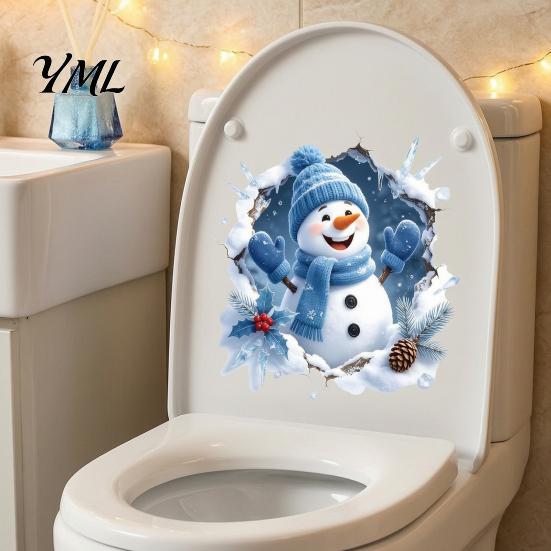 Holiday Glass Door Stickers Christmas Snowman Toilet Stickers, 3D Bathroom Wall Decals, Waterproof Seasonal Window PVC Seat Creative Decor Murals
