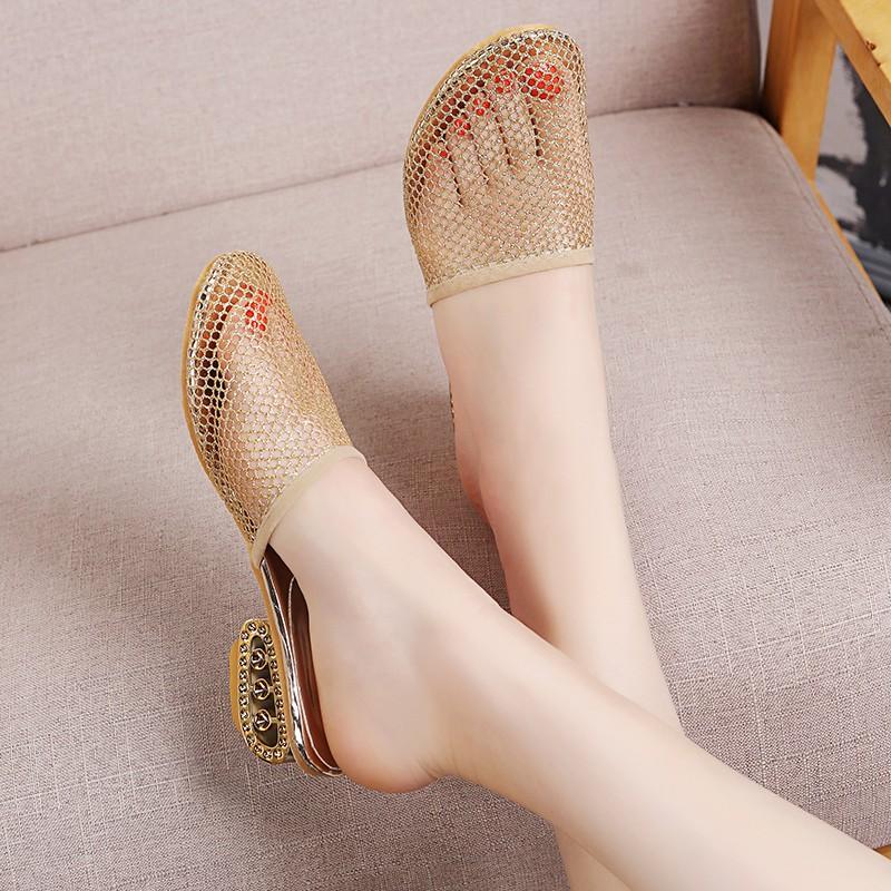 Summer Women Slippers Sexy Mesh Mules Indoor Home Slides Square Toe Female Shoes Outdoor Clogs Beach Sandals Flip Flops 43