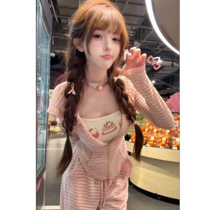 

Silk Ribbed Pink Bunny Ear Hooded Cardigan: Casual Two-Piece Set XL