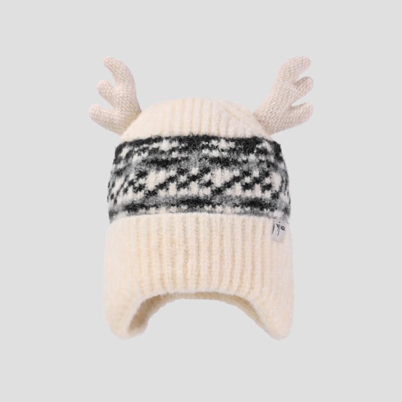 Christmas Antler Knitted Hat Women's Autumn Winter Warm Wool Hat Velvet Ear Protection Cap