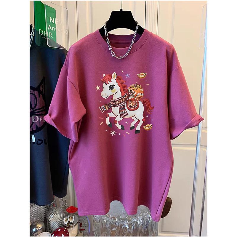 Women's Oversized Short Sleeve Cotton T-shirt, Round Neck, Mid-Length, Hip Covering - 2026 Spring/Summer/Autumn Collection