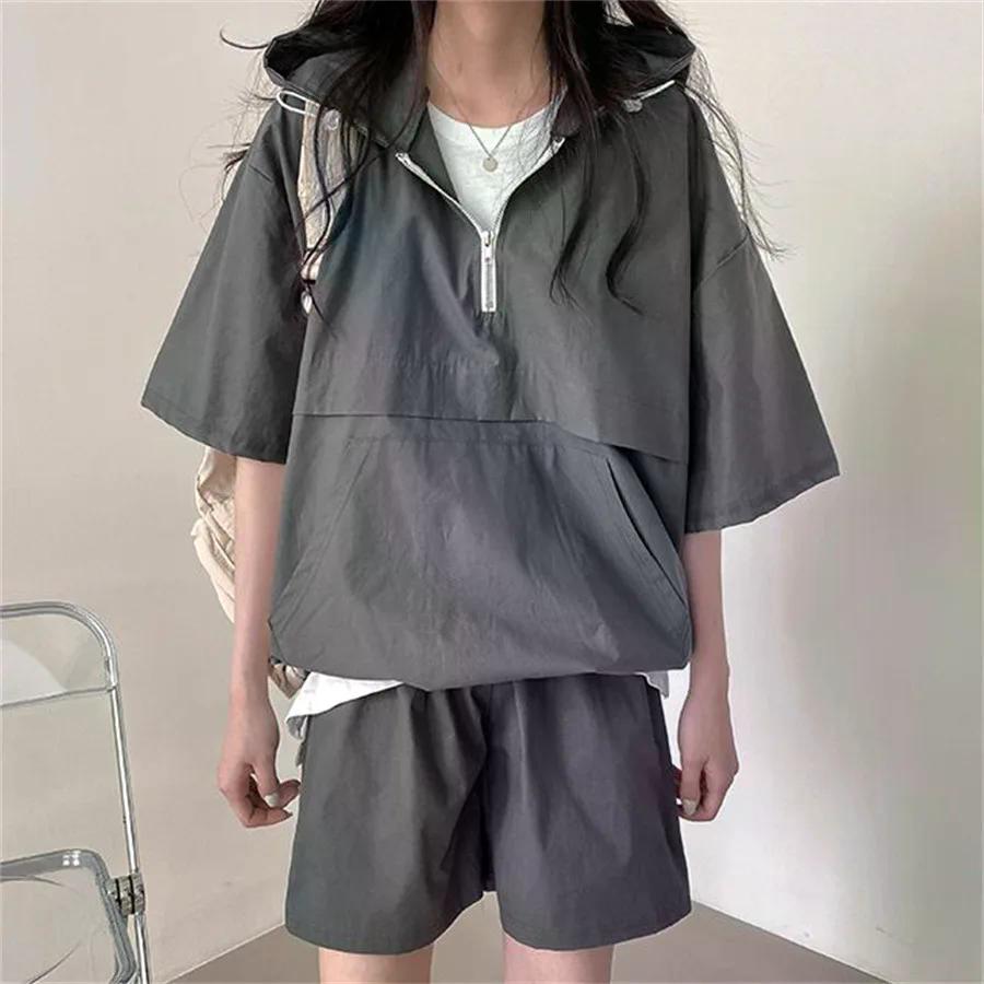 Women's 2 Pieces Sets Sweat Suit Summer Shorts T-shirt Hooded Loose Sports Tracksuit Training Bottom Suit Korean Style