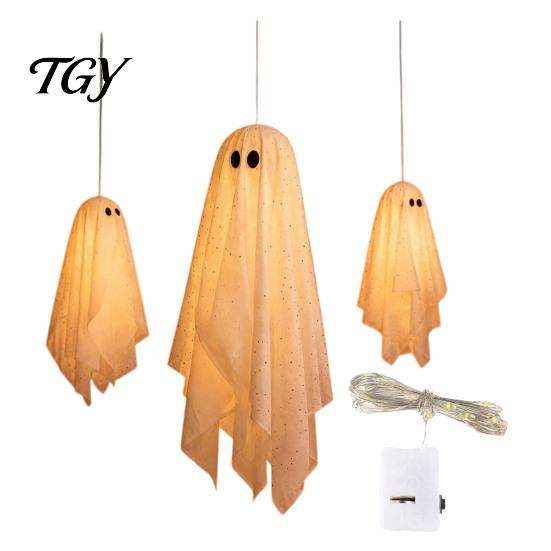 Beleuchtetes Geister-Set für Bäume 3 Stück Halloween Beleuchtete Hängende Dekorationen, Leuchtende Warme LED Schwebende Geister, Schwingende Ornamente Außen Display Baum