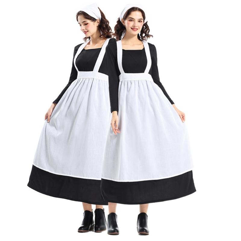 Halloween Maid Costume Set Includes French Maid Apron Maid Dress and Headscarf Set for Women, Kitchen Cooking Apron