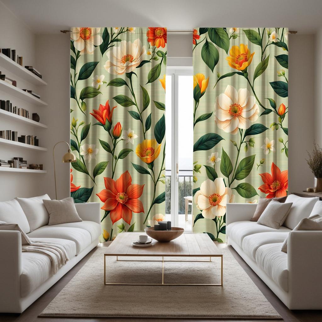 2 bucăți perdea decorativă cu frunze verzi pastorale HD, cu flori, perdea verde imprimată digital, decorațiune stil decorațiune casă livi