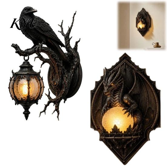 Fein geschnitzte Wandleuchten für Schlafzimmer-Dekor Vintage Krähe auf Ast Lampe, Gotischer Drachen Wandleuchter Einzigartig Kreativ Innen Haus Wohnzimmer Schlafzimmer,