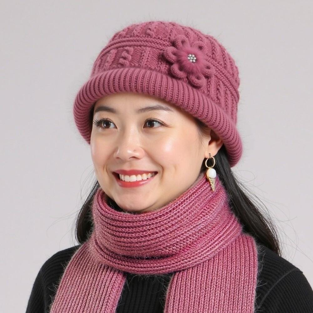 Plush Floral Knitted Bucket Hat Handmade Warm Fisherman Hat Retro Woolen Hat  Grandma