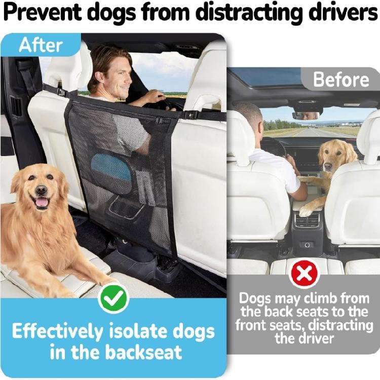 Vehicle Dog Divider Mesh Barrier, Rear Seat Cabin Screen with Headrest Mount, Pocket Detail and 69 X 59 Cm Size Reference, Black, for Car Use