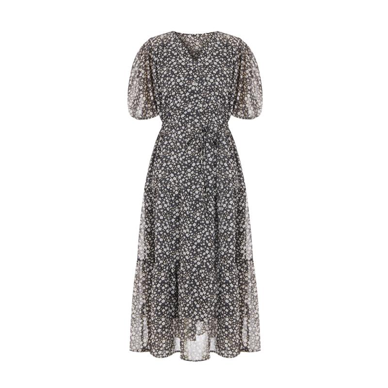SELLY'S Flower Chiffon V-Neck Short Sleeve Dress_I6B-Cop030