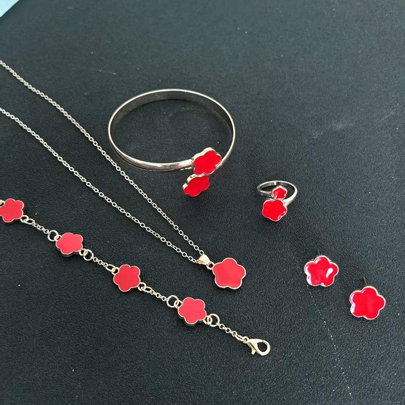 European Elegance: Five-Petal Flower Jewelry Set (Necklace, Bracelet, Bangle, Earrings, Ring)