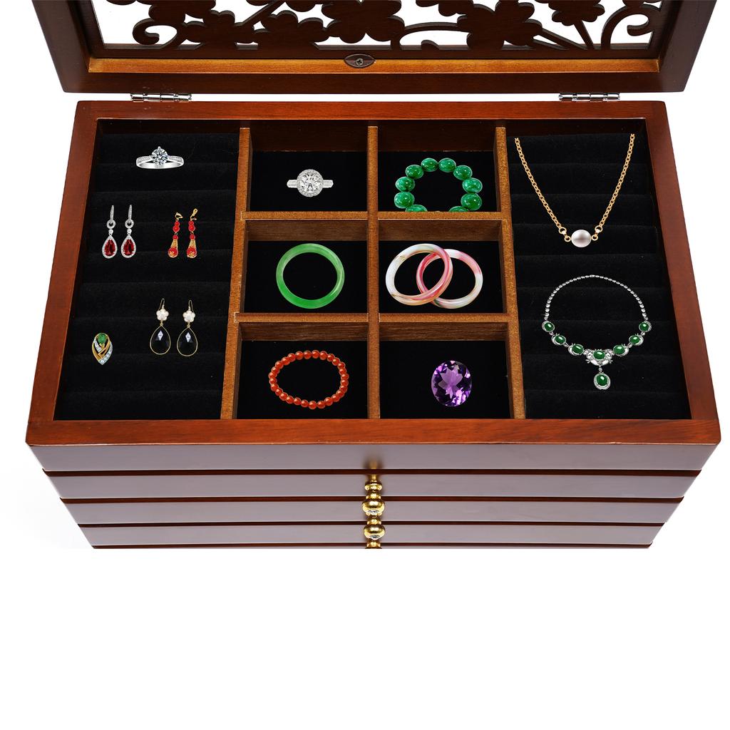 6-Tier Vintage Wood Jewelry Box Organizer, Acrylic Display Storage Case with Handle for Earrings Rings Necklaces