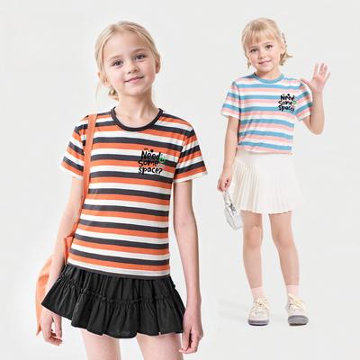 Passendes gestreiftes Kurzarm-T-Shirt für Mädchen Kinder Sommer Atmungsaktives Oberteil mit Buchstaben