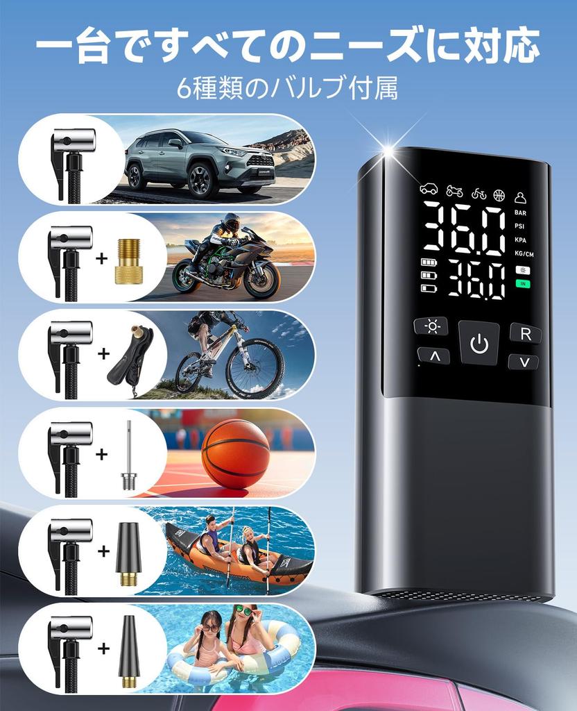 Elektrische Fahrradpumpe für Motorräder und Autos, Kompatibel mit französischen, britischen und amerikanischen Ventilen, Maximaldruck von 150 PSI, Schnelles Aufpumpen, Auto