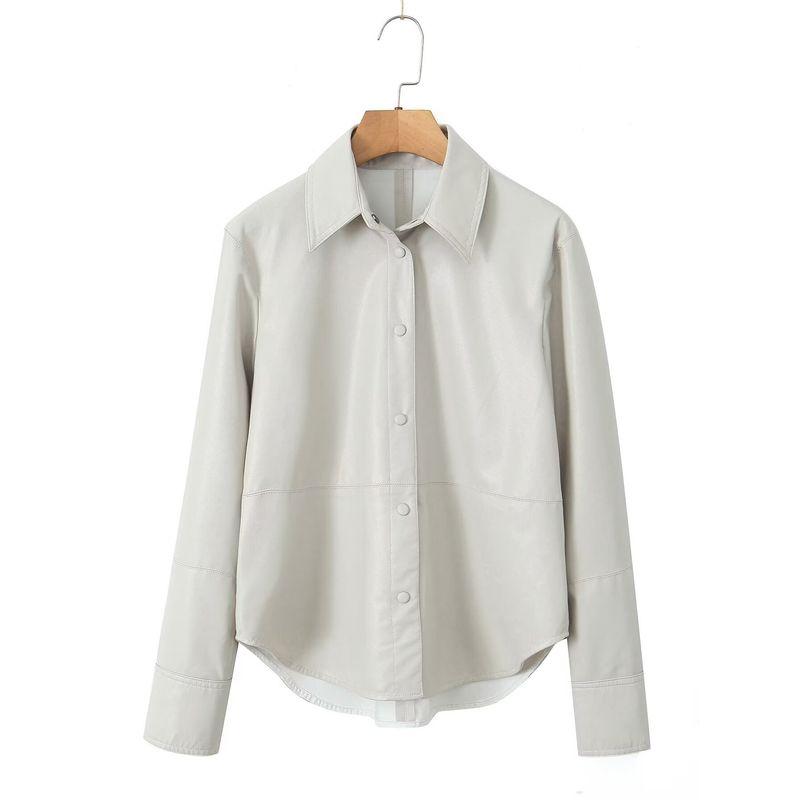 

Za Summer New Arrival Women s Clothing Fashion Style Fashion Imitation Leather Shirt Lapel Loose Casual Long Sleeve Coat Beige XL