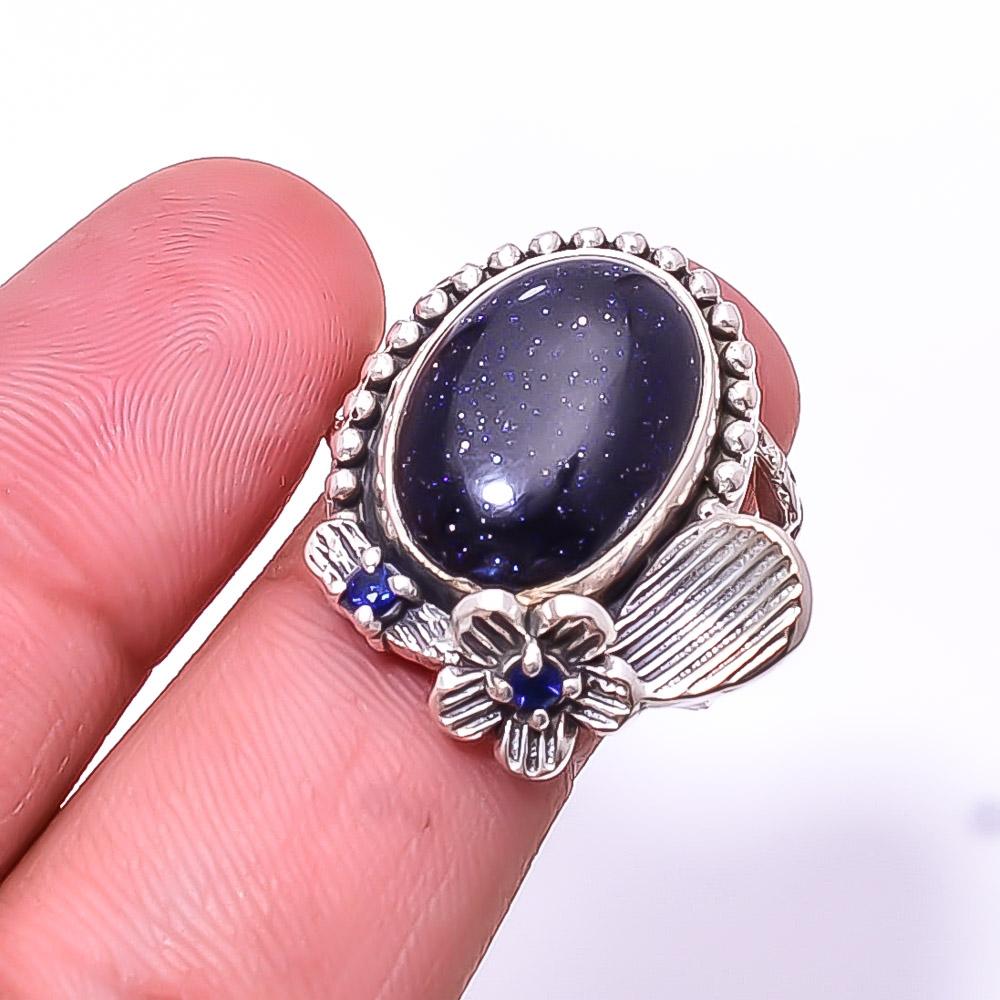 

Кольцо из стерлингового серебра 925 пробы с синим солнечным камнем и синим сапфиром, окисленным цветком, s.8 R26