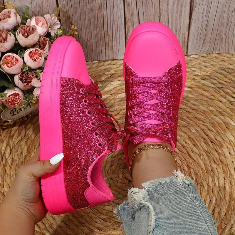 Fashion Women's Sequins Sneakers Fashion Korean Style Lace Up Flat Shoes Thick Anti-slip Couple Shoes Casual Trainers Chaussure Femmes