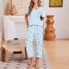 Damen Freizeit Locker geschnittenes Kurzarm V-Ausschnitt T-Shirt und Capri-Hosen Set mit Fruchtprint Bequemes Hausanzug Lounge Schlafanzug Set
