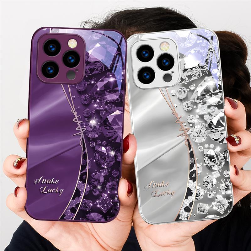 Estampa de Leopardo com Diamante Para IPhone 16 Pro Max 15 P Lus 14 Pro 13 12 Mini 11 P Ro Max X XS 7 8 Plus 2022 Capa de Celular de Vidro Temperado
