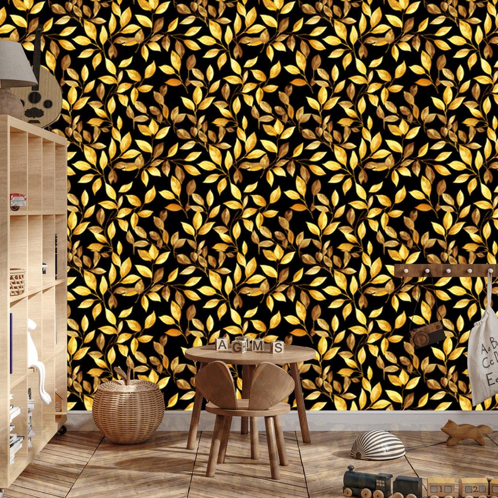 Flowers and Leaves Wallpaper Black and Ochre for Living Room and Bedroom 50x1000